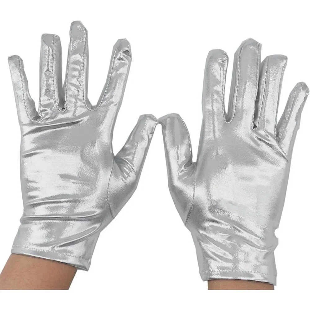 Women's Silver Shiny Metallic Wrist Gloves Cosplay Halloween Costume Accessories